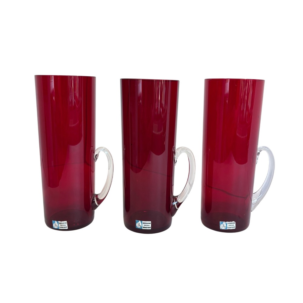 Lindshammar Sweden Gunnar Ander Ruby Red Glass Mugs Set of 3 MCM 6.75 inch